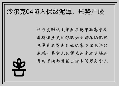 沙尔克04陷入保级泥潭，形势严峻