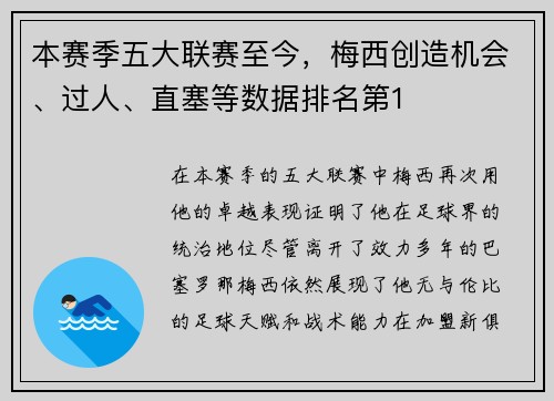 本赛季五大联赛至今，梅西创造机会、过人、直塞等数据排名第1