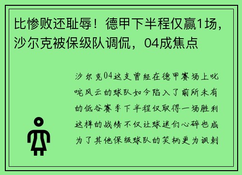 比惨败还耻辱！德甲下半程仅赢1场，沙尔克被保级队调侃，04成焦点