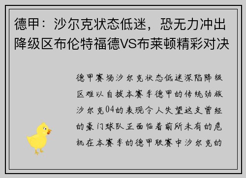 德甲：沙尔克状态低迷，恐无力冲出降级区布伦特福德VS布莱顿精彩对决来袭