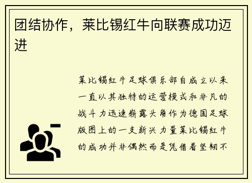 团结协作，莱比锡红牛向联赛成功迈进