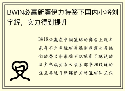 BWIN必赢新疆伊力特签下国内小将刘宇辉，实力得到提升